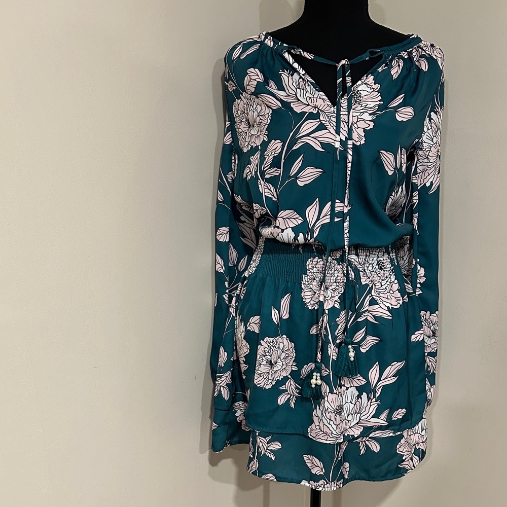 *BOSTON PROPER* Teal Floral Tie-Neck Long Sleeve Dress Size XS - Picture 1 of 6